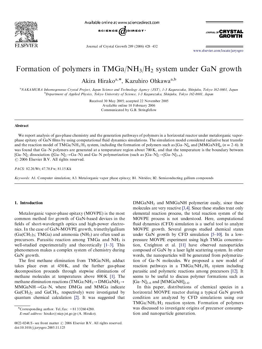 Formation of polymers in TMGa/NH3/H2 system under GaN growth