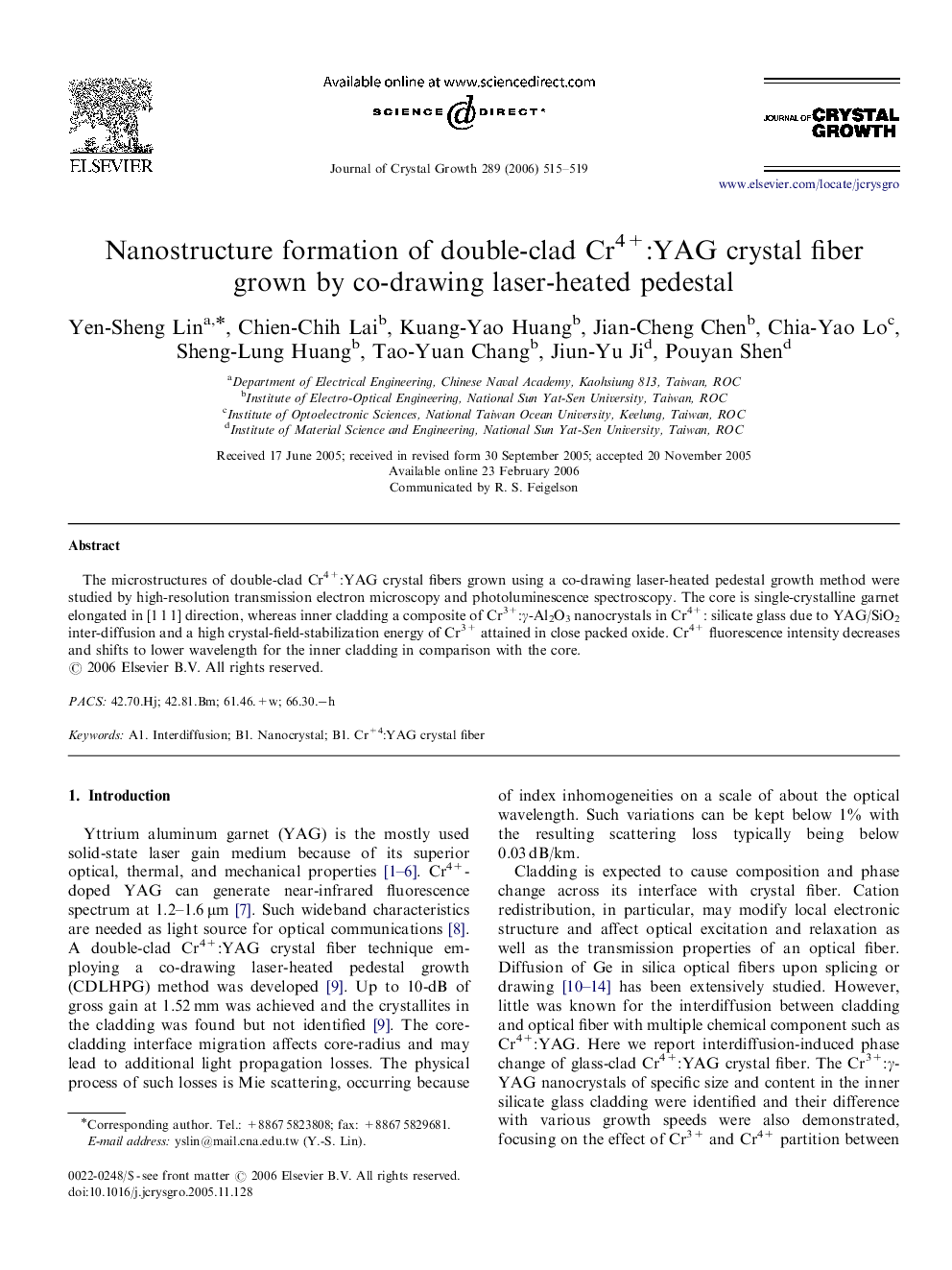 Nanostructure formation of double-clad Cr4+:YAG crystal fiber grown by co-drawing laser-heated pedestal