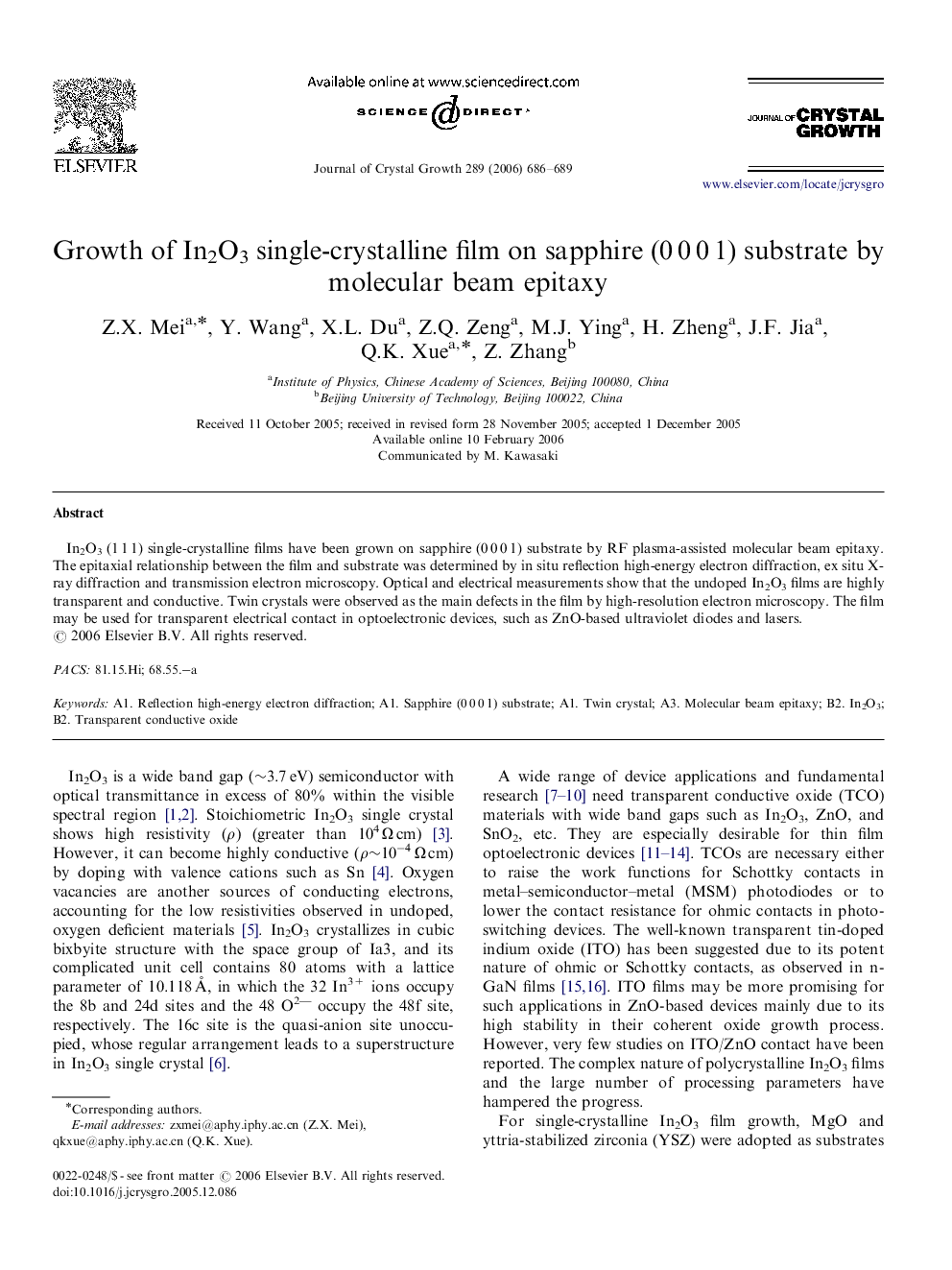 Growth of In2O3 single-crystalline film on sapphire (0 0 0 1) substrate by molecular beam epitaxy