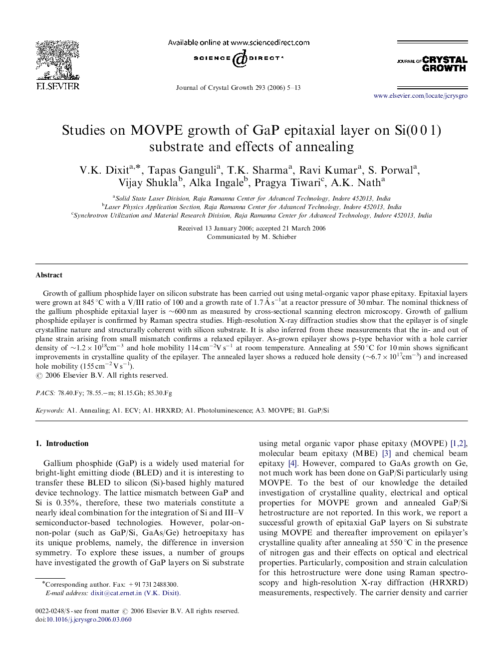 Studies on MOVPE growth of GaP epitaxial layer on Si(0Â 0Â 1) substrate and effects of annealing