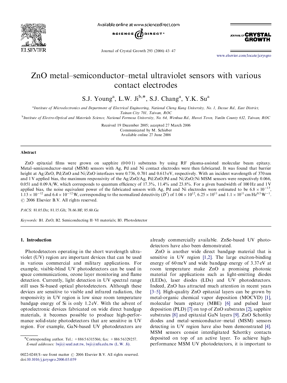 ZnO metal–semiconductor–metal ultraviolet sensors with various contact electrodes