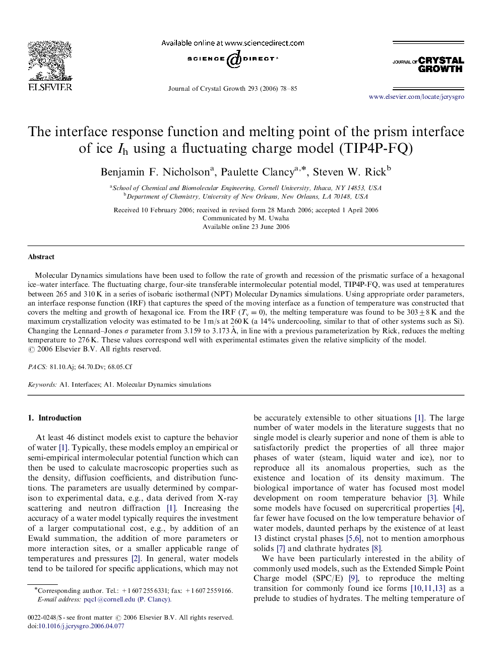 The interface response function and melting point of the prism interface of ice Ih using a fluctuating charge model (TIP4P-FQ)