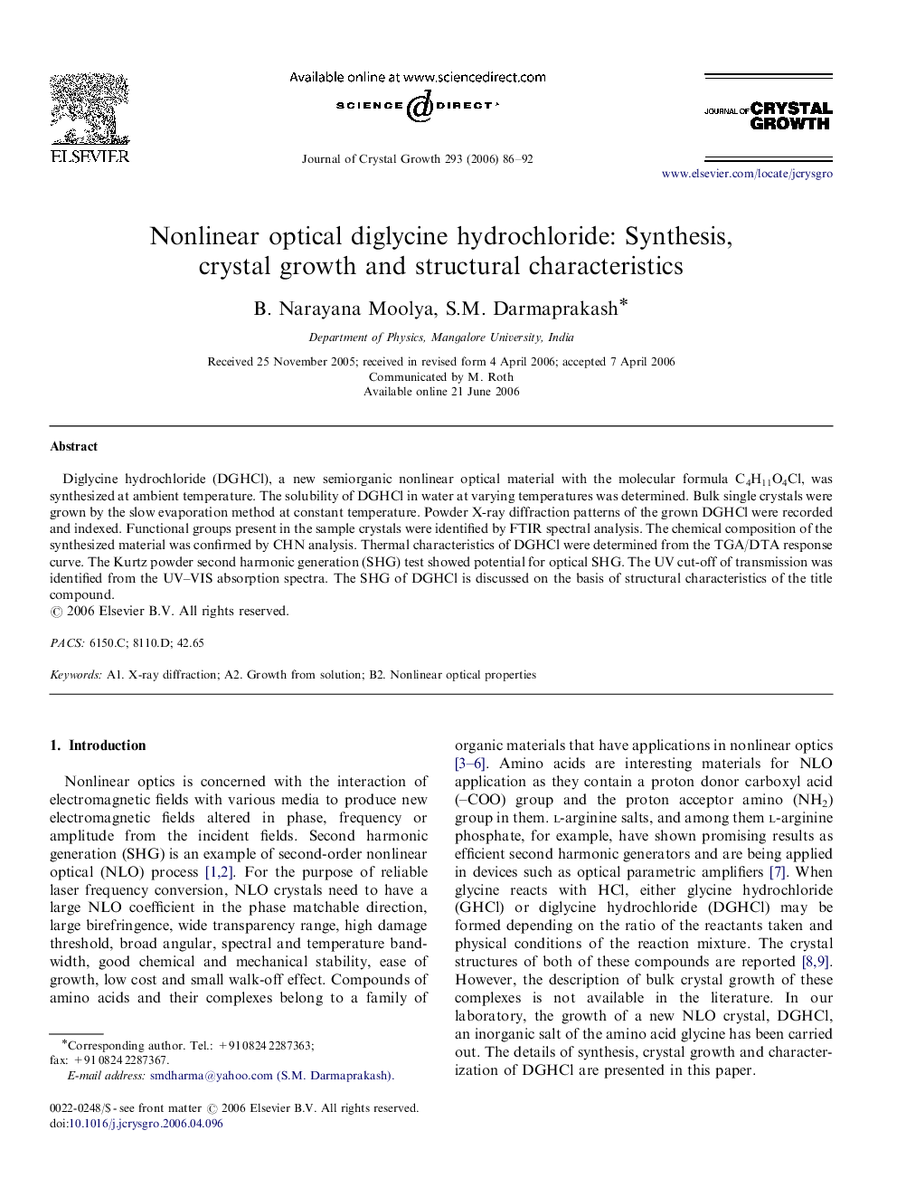 Nonlinear optical diglycine hydrochloride: Synthesis, crystal growth and structural characteristics