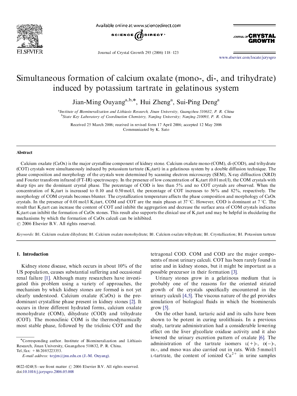 Simultaneous formation of calcium oxalate (mono-, di-, and trihydrate) induced by potassium tartrate in gelatinous system
