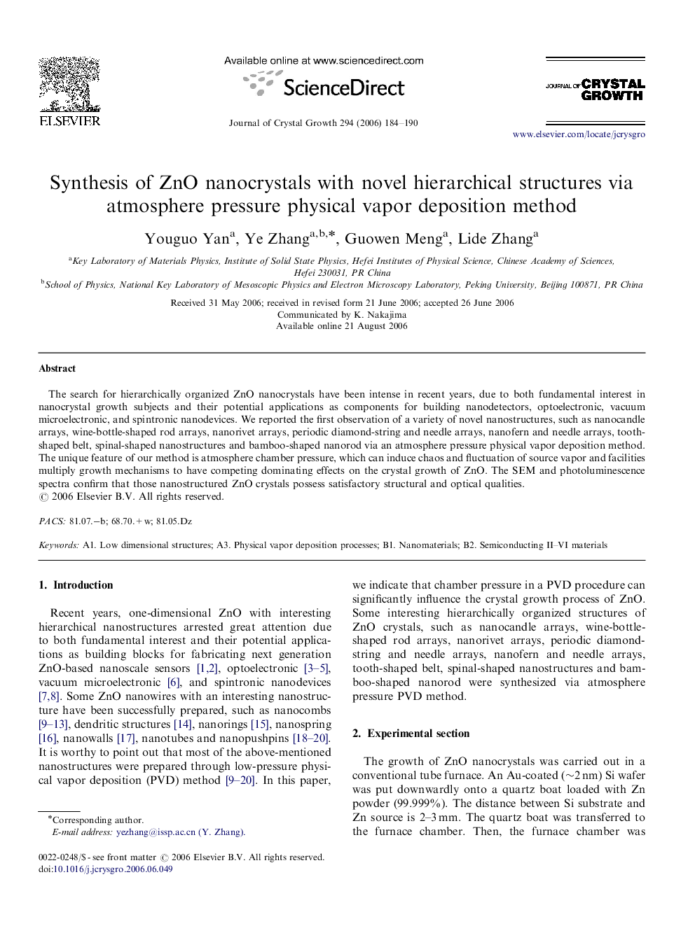 Synthesis of ZnO nanocrystals with novel hierarchical structures via atmosphere pressure physical vapor deposition method