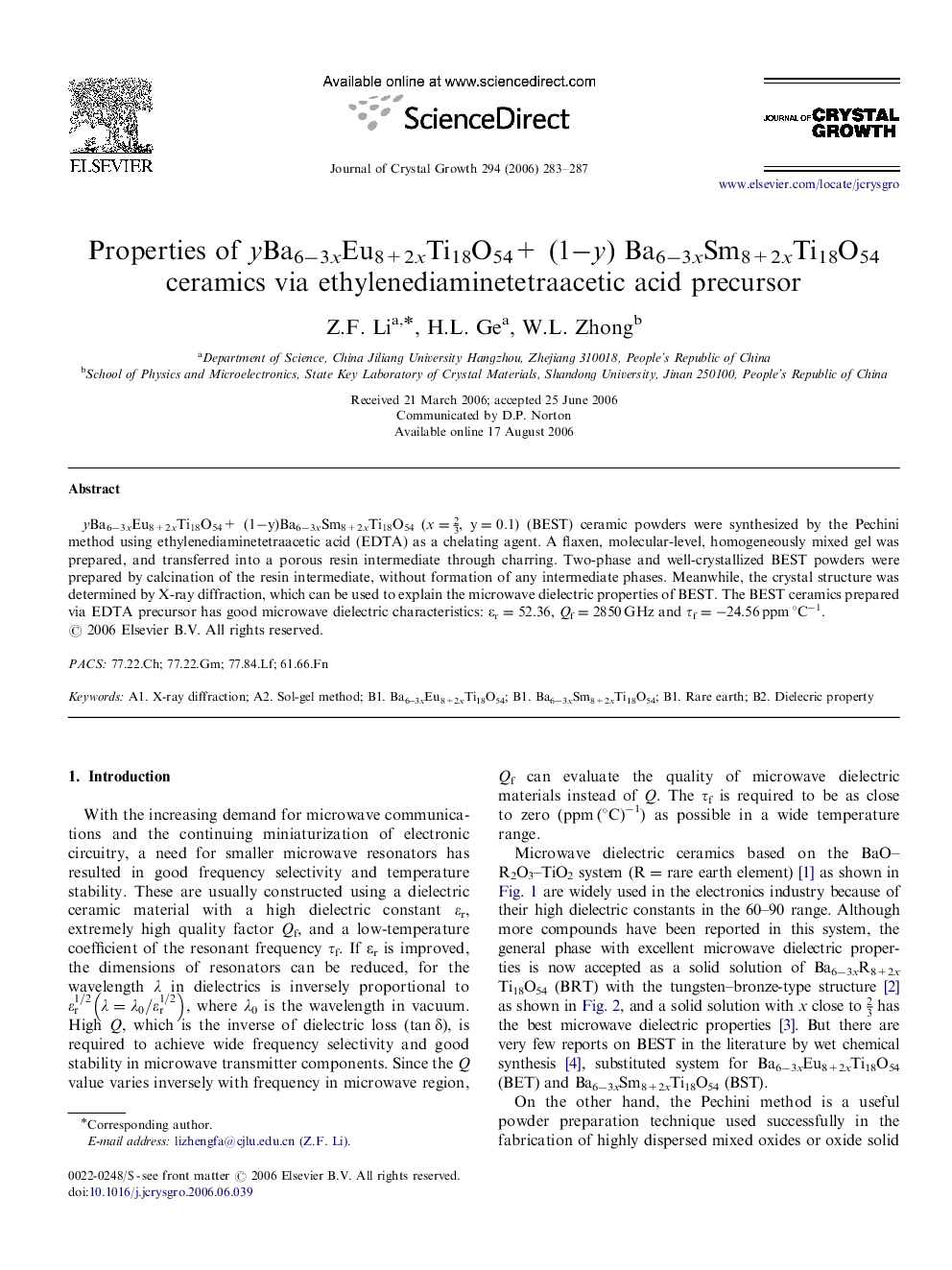 Properties of yBa6â3xEu8+2xTi18O54+ (1ây) Ba6â3xSm8+2xTi18O54 ceramics via ethylenediaminetetraacetic acid precursor