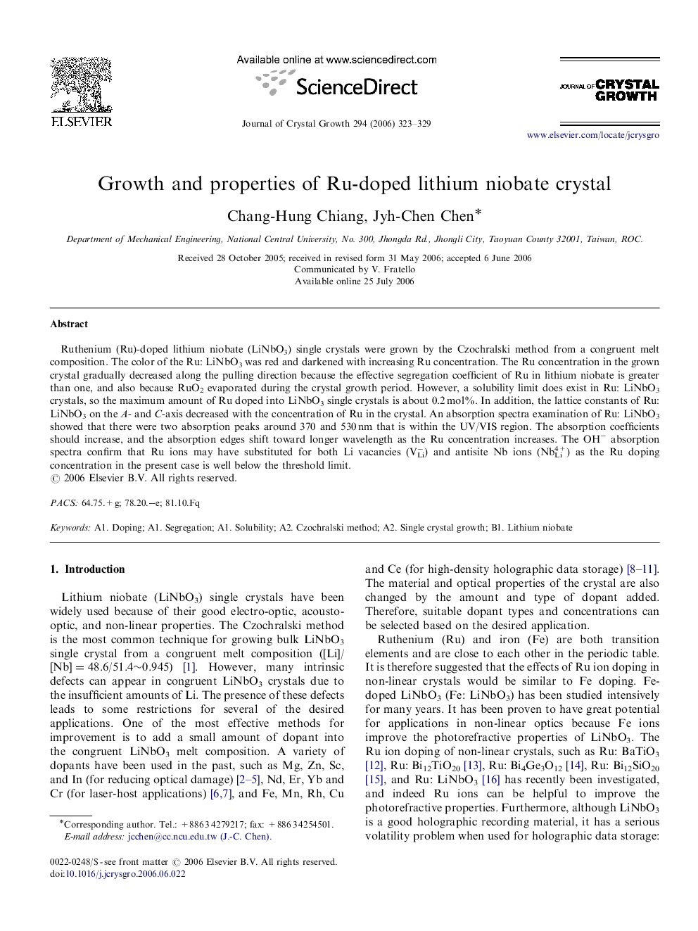 Growth and properties of Ru-doped lithium niobate crystal