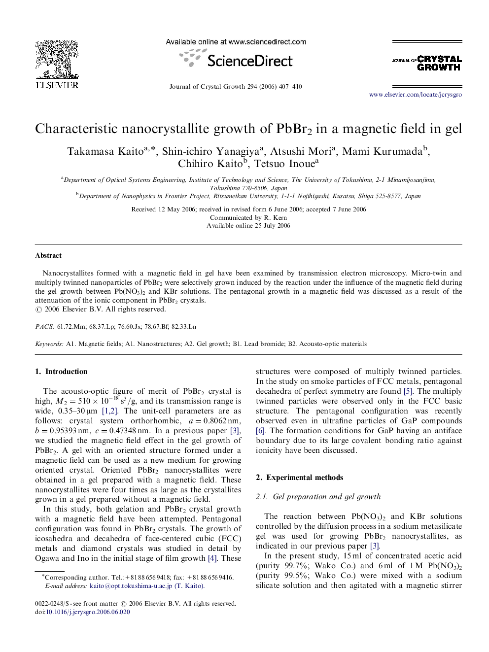 Characteristic nanocrystallite growth of PbBr2 in a magnetic field in gel