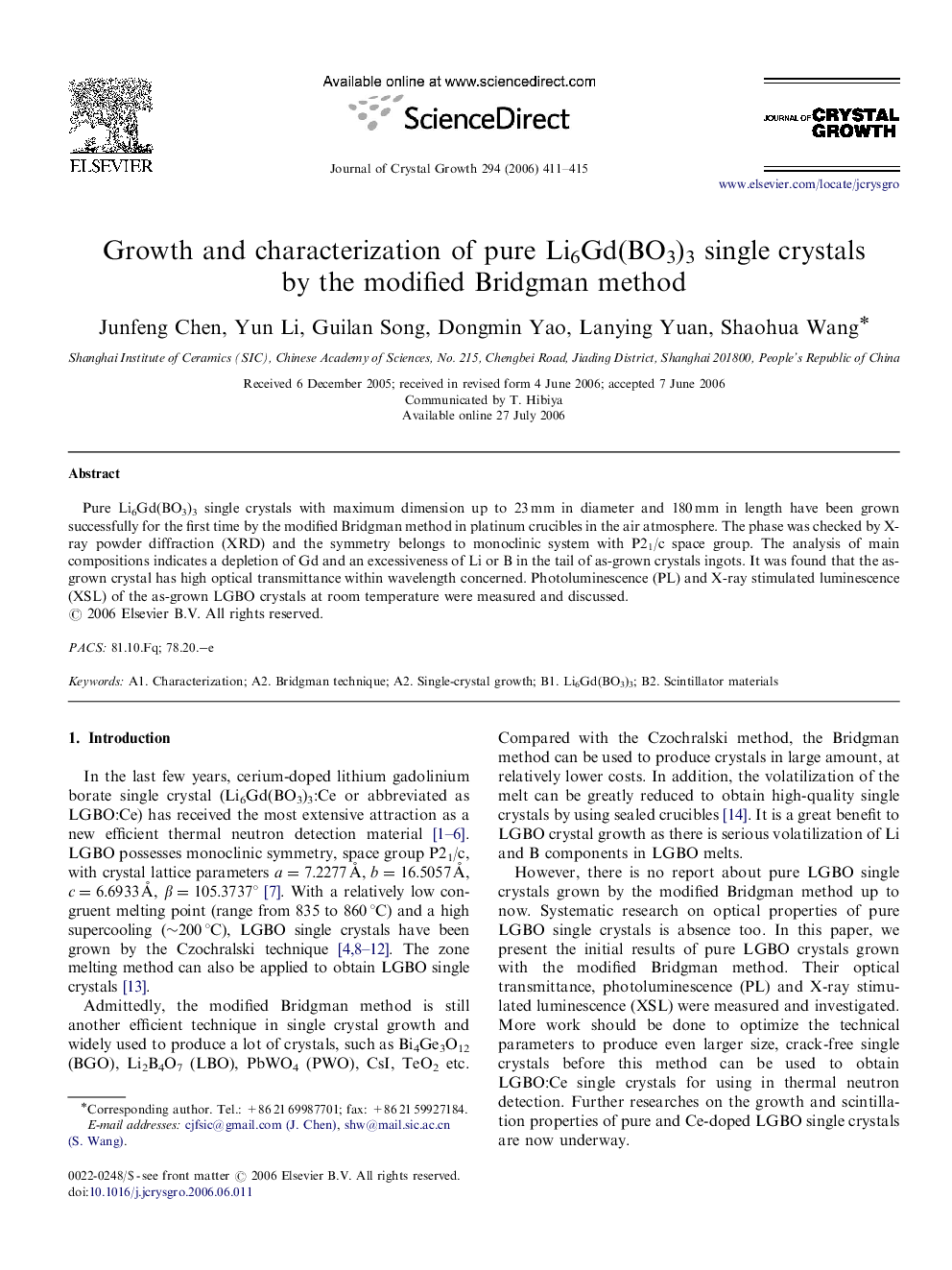 Growth and characterization of pure Li6Gd(BO3)3 single crystals by the modified Bridgman method