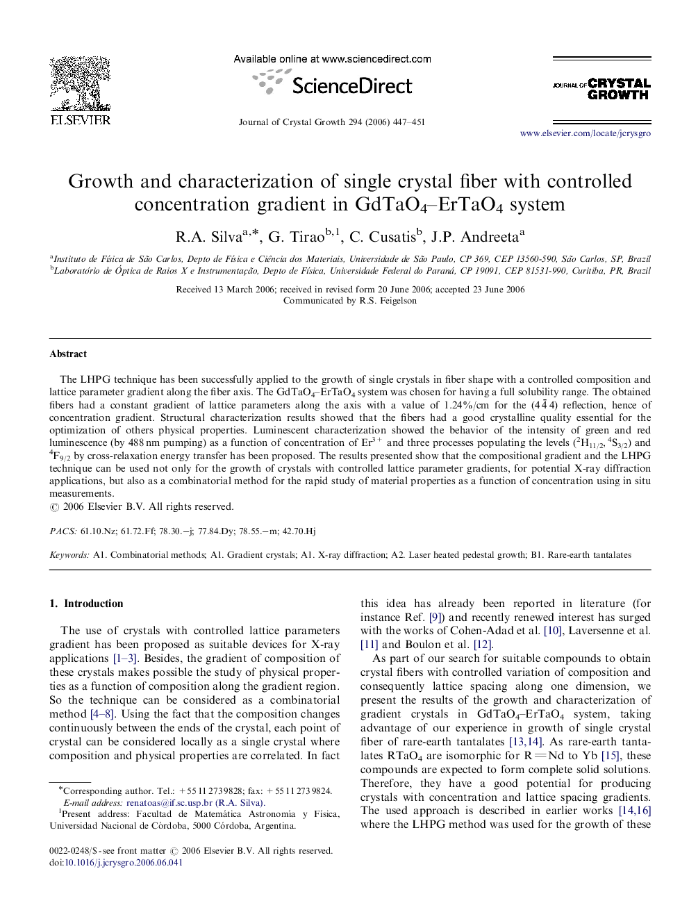 Growth and characterization of single crystal fiber with controlled concentration gradient in GdTaO4–ErTaO4 system