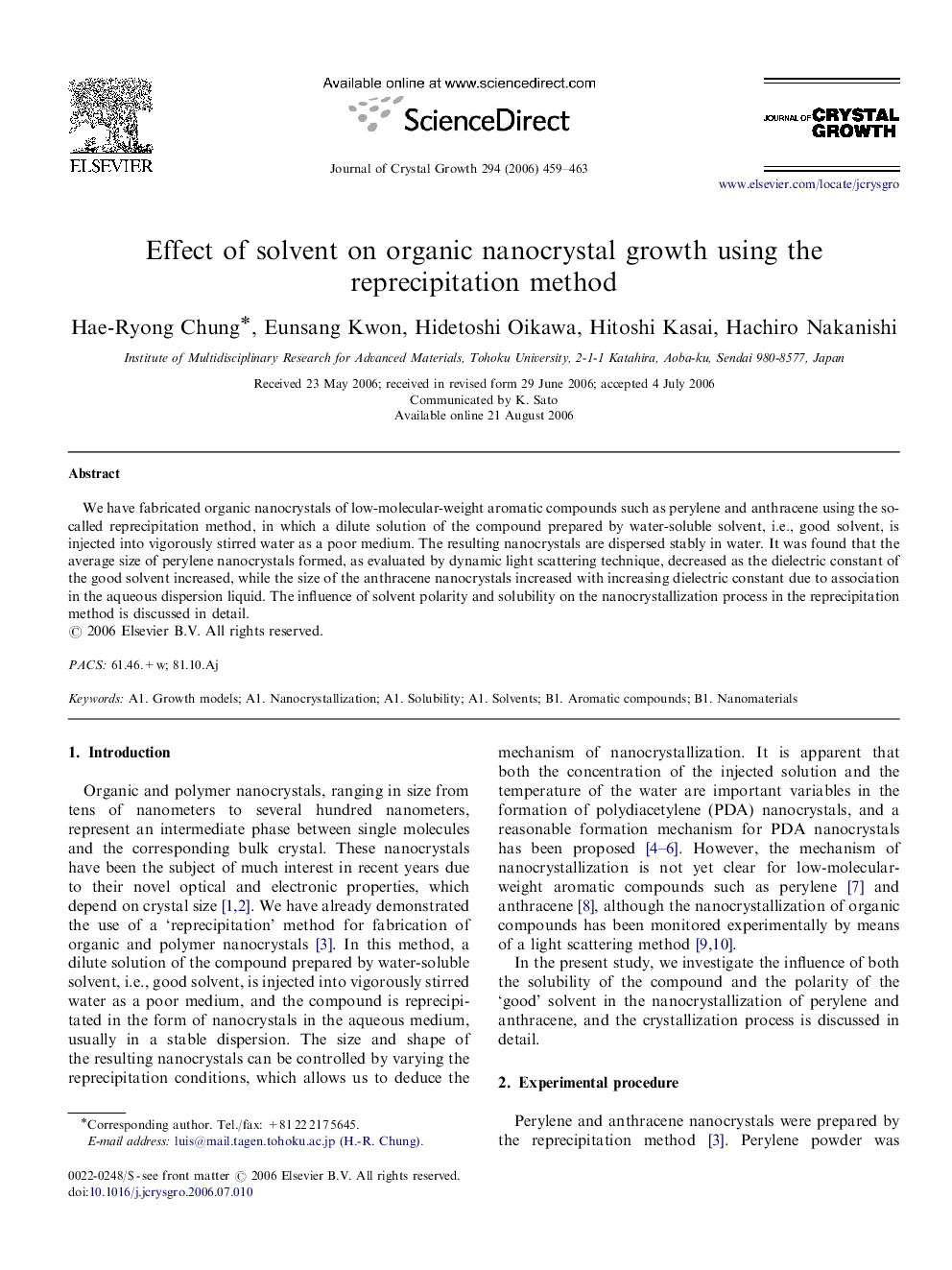 Effect of solvent on organic nanocrystal growth using the reprecipitation method