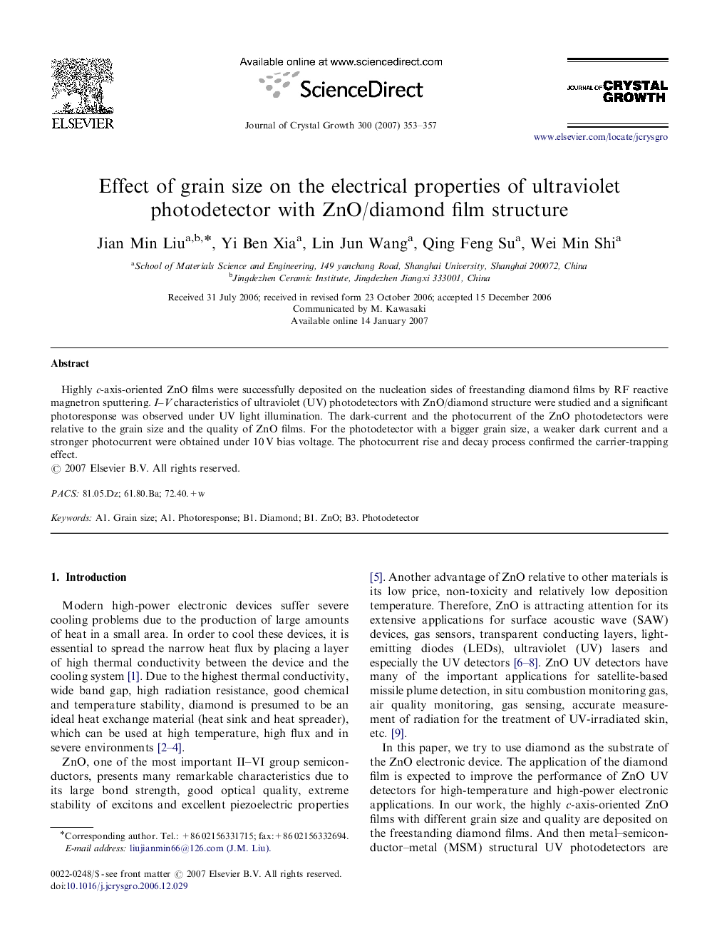 Effect of grain size on the electrical properties of ultraviolet photodetector with ZnO/diamond film structure