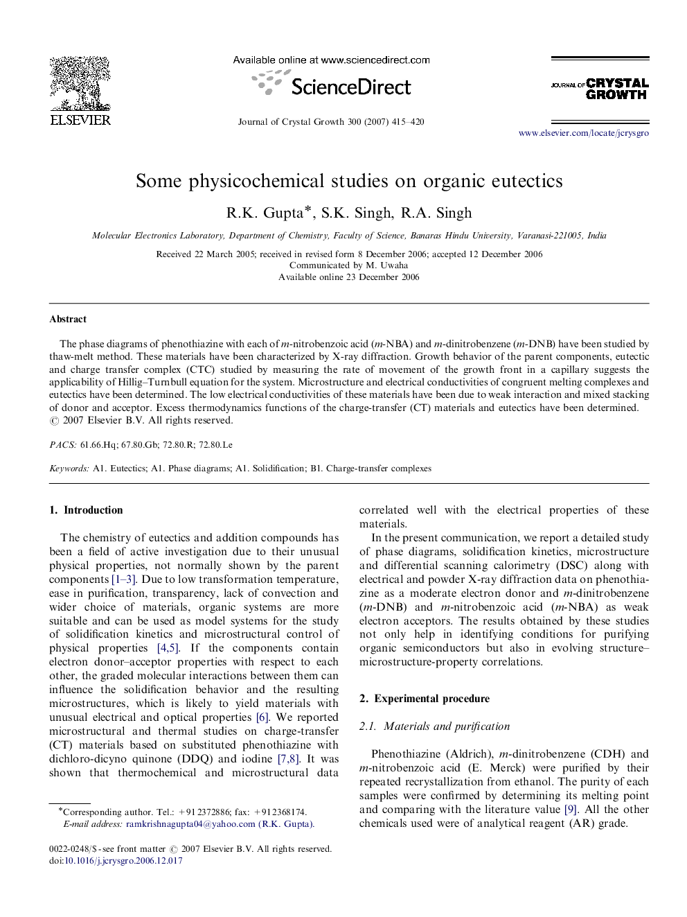 Some physicochemical studies on organic eutectics