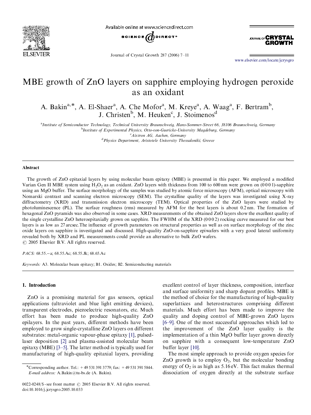 MBE growth of ZnO layers on sapphire employing hydrogen peroxide as an oxidant