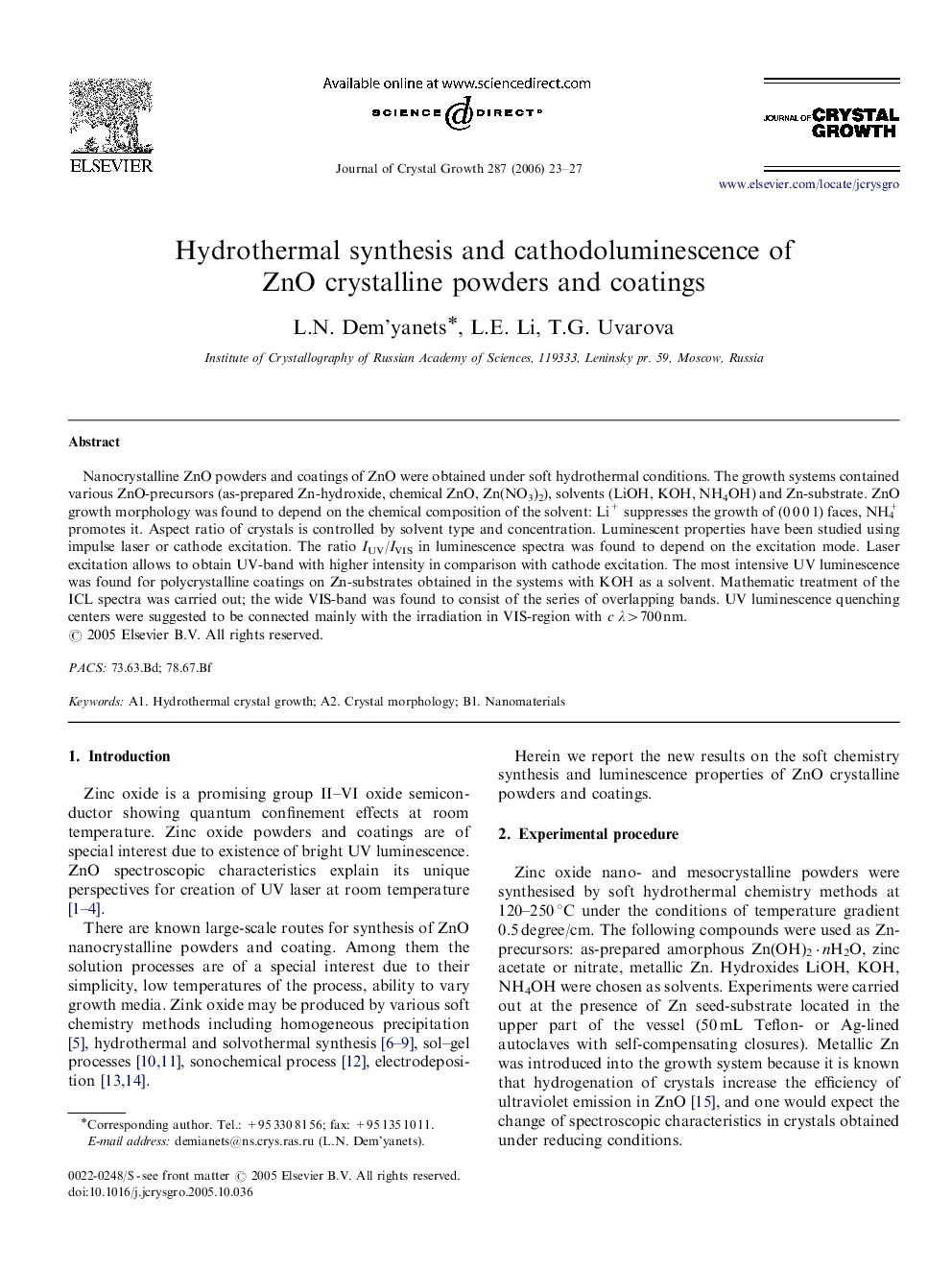 Hydrothermal synthesis and cathodoluminescence of ZnO crystalline powders and coatings