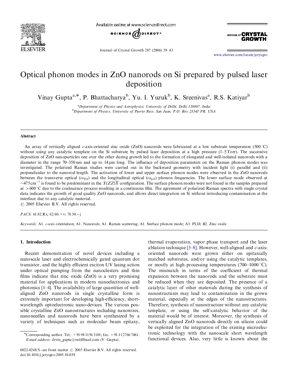 Optical phonon modes in ZnO nanorods on Si prepared by pulsed laser deposition