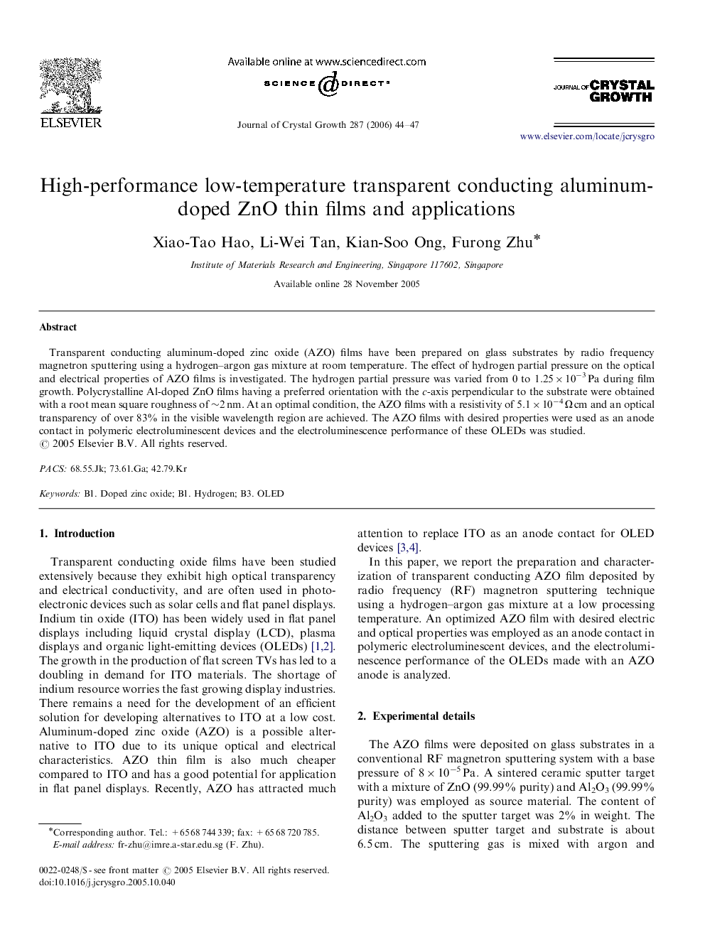 High-performance low-temperature transparent conducting aluminum-doped ZnO thin films and applications