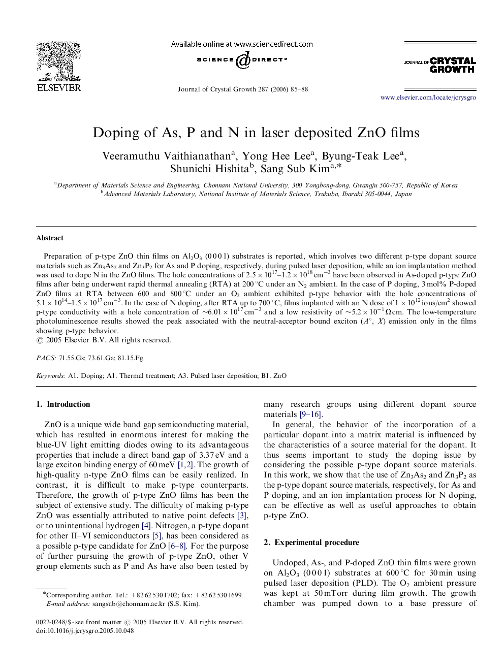 Doping of As, P and N in laser deposited ZnO films