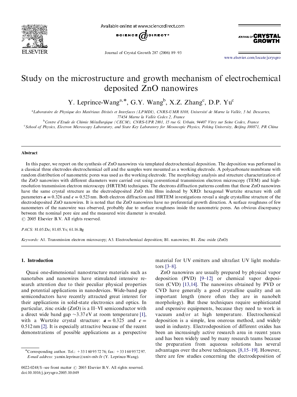 Study on the microstructure and growth mechanism of electrochemical deposited ZnO nanowires