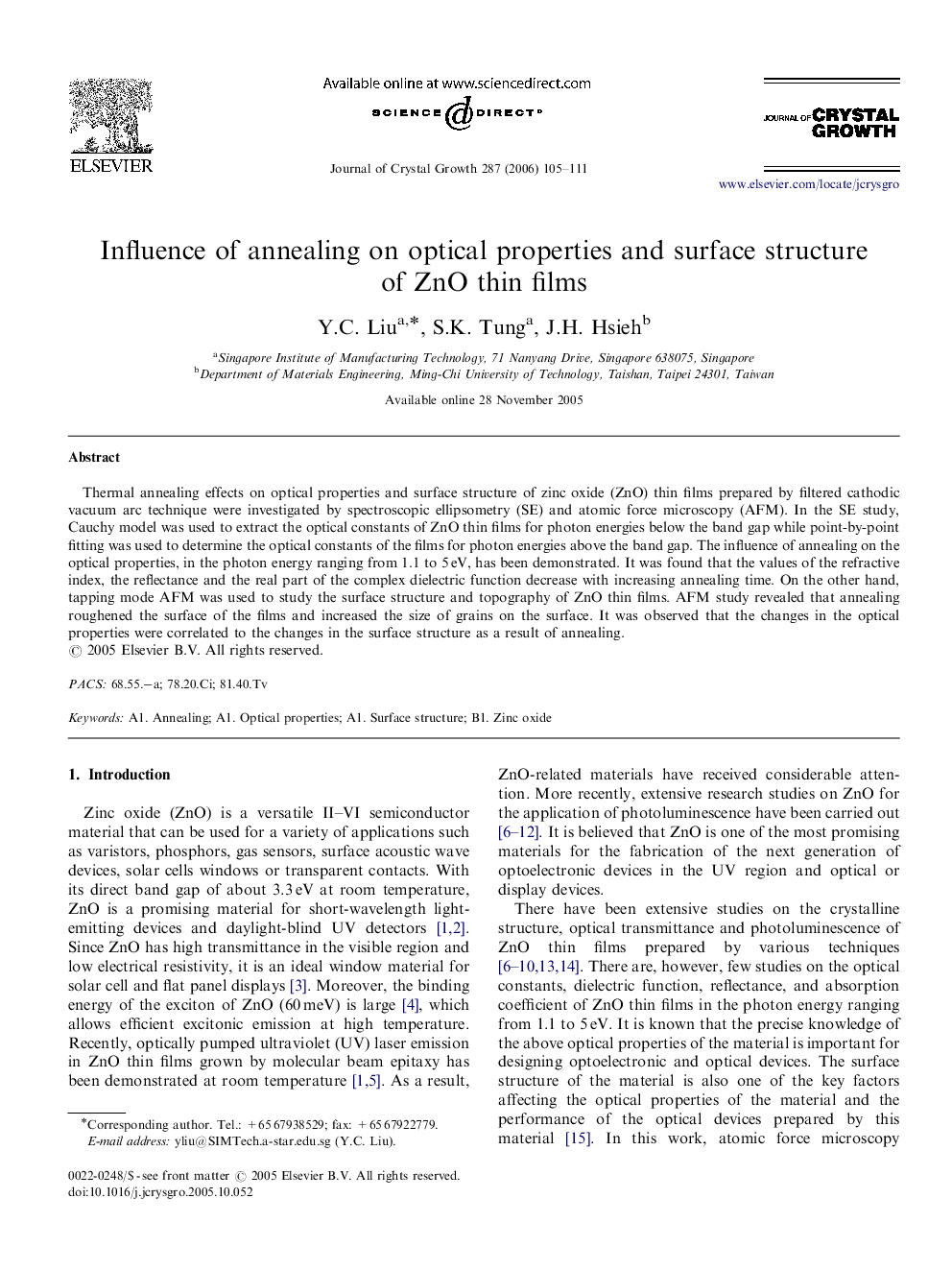 Influence of annealing on optical properties and surface structure of ZnO thin films