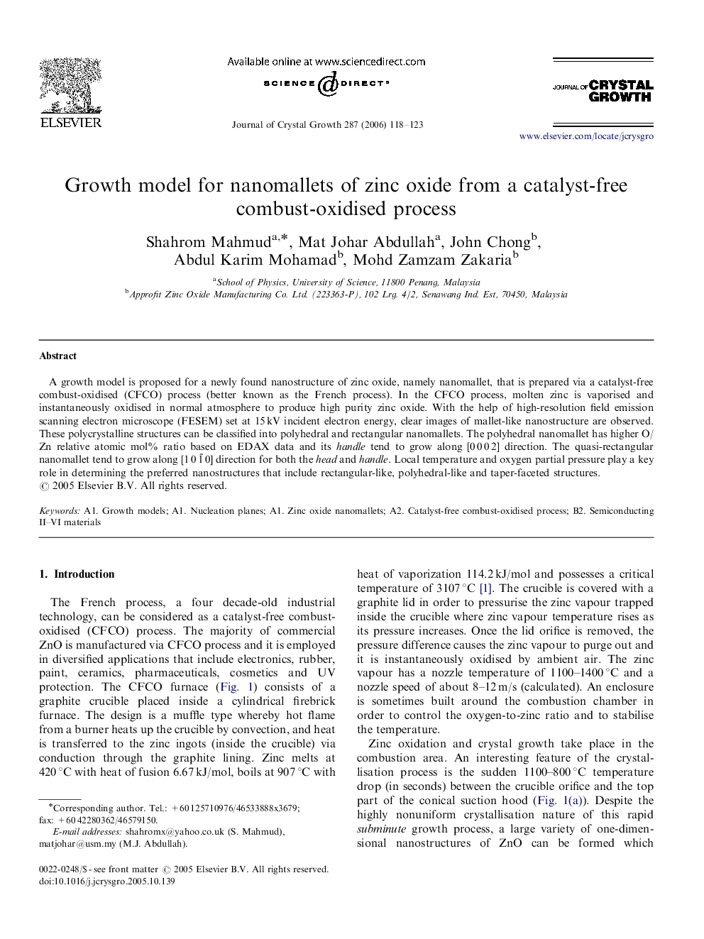 Growth model for nanomallets of zinc oxide from a catalyst-free combust-oxidised process