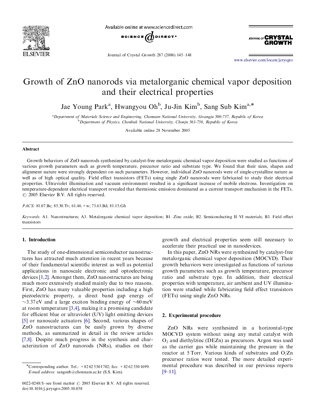 Growth of ZnO nanorods via metalorganic chemical vapor deposition and their electrical properties