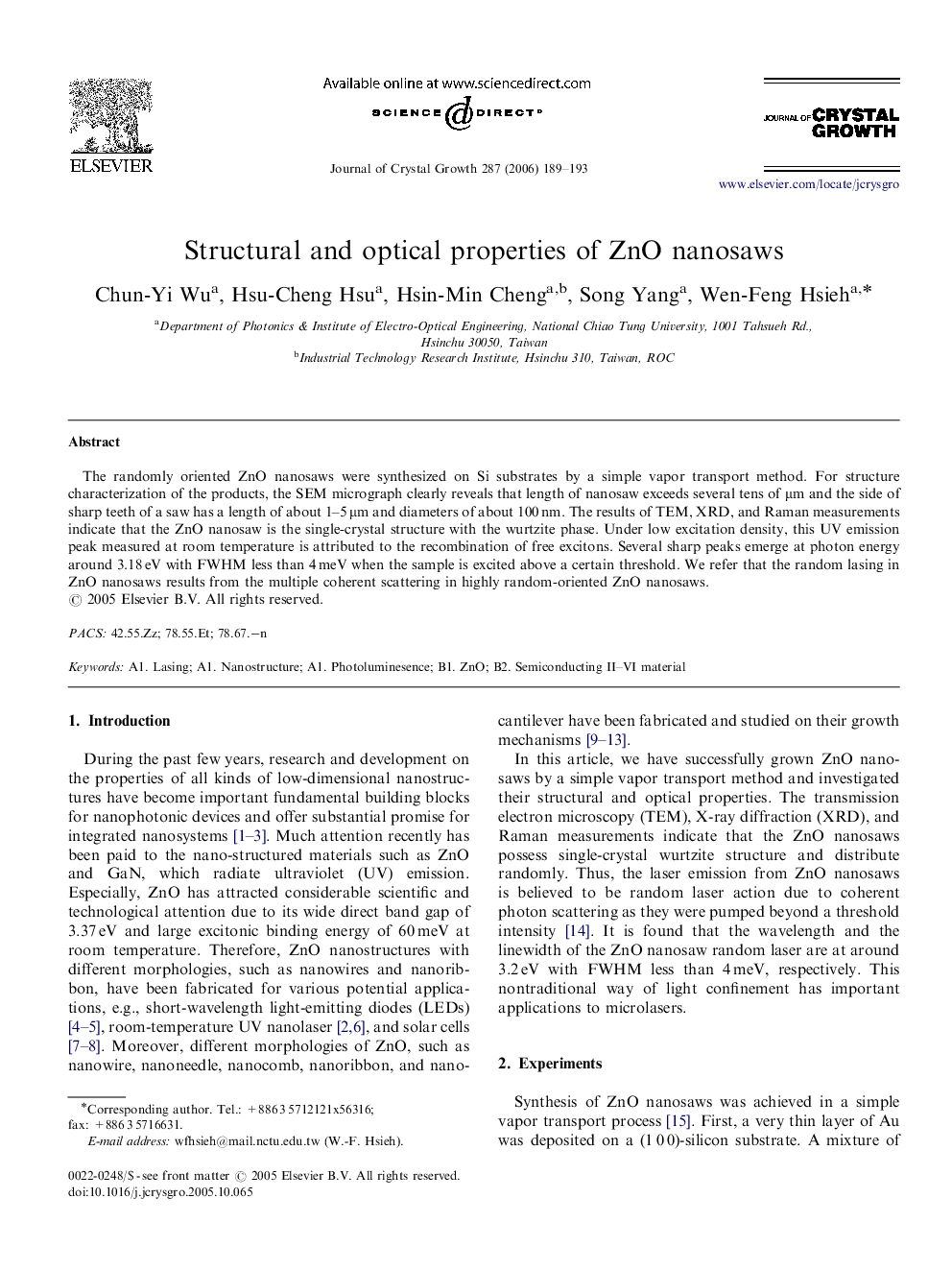 Structural and optical properties of ZnO nanosaws