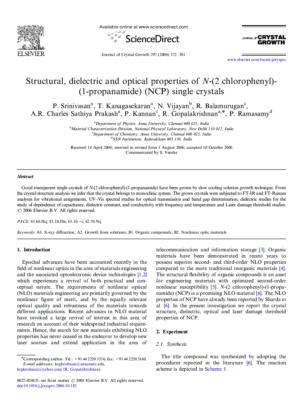 Structural, dielectric and optical properties of N-(2 chlorophenyl)-(1-propanamide) (NCP) single crystals