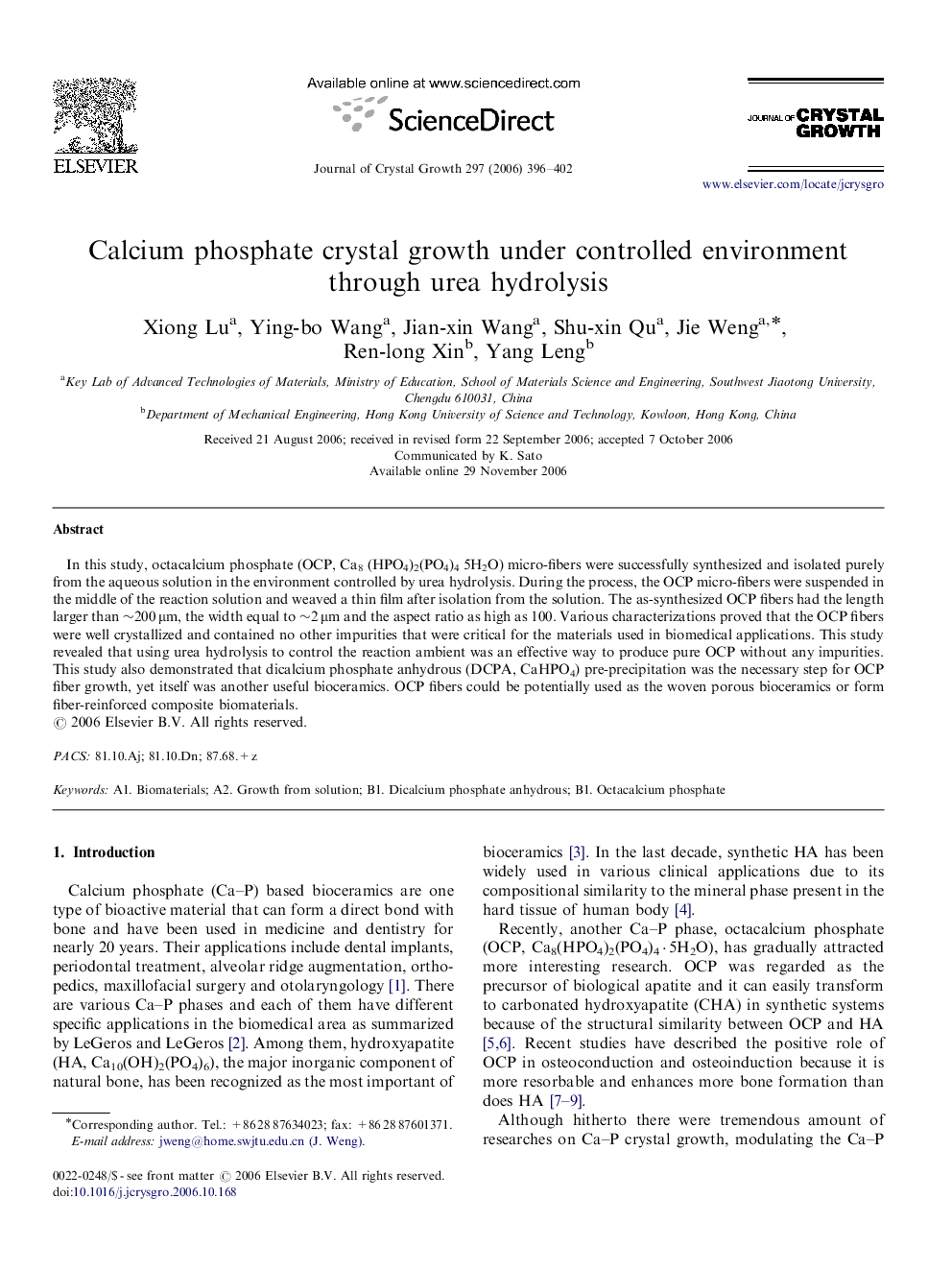 Calcium phosphate crystal growth under controlled environment through urea hydrolysis