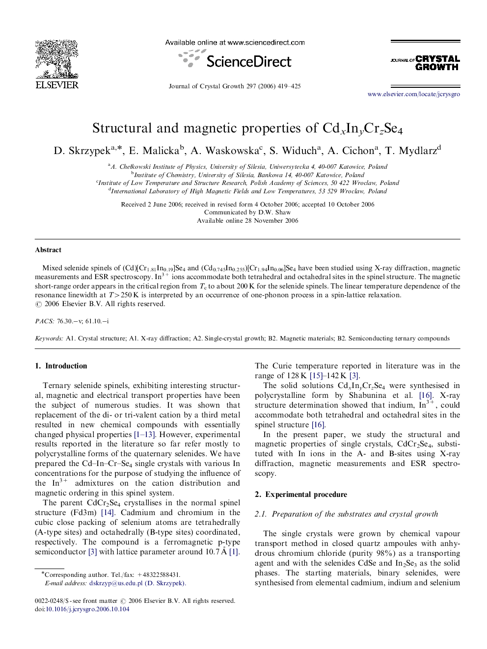 Structural and magnetic properties of CdxInyCrzSe4