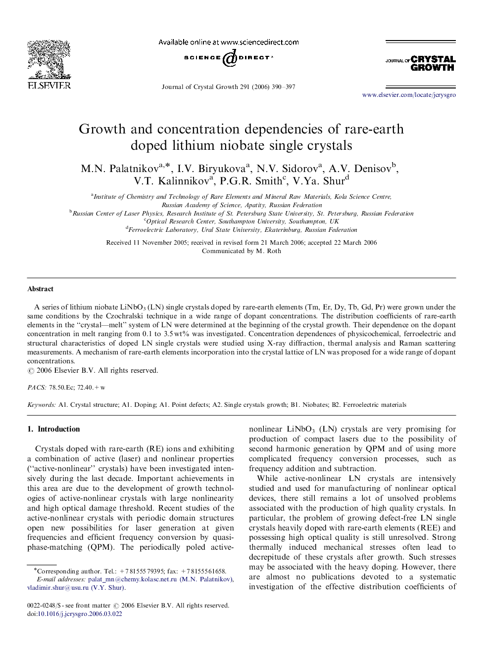 Growth and concentration dependencies of rare-earth doped lithium niobate single crystals