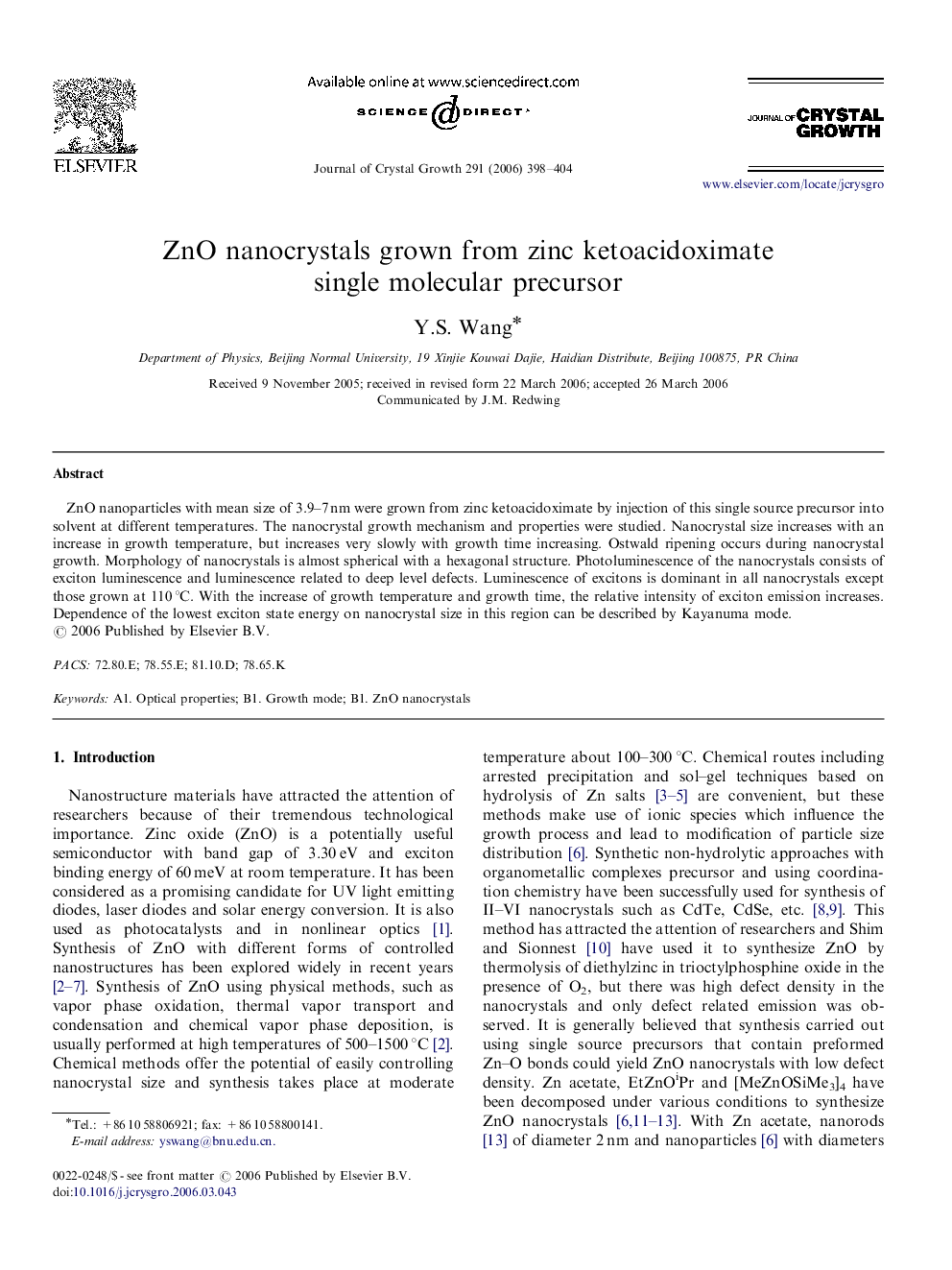 ZnO nanocrystals grown from zinc ketoacidoximate single molecular precursor