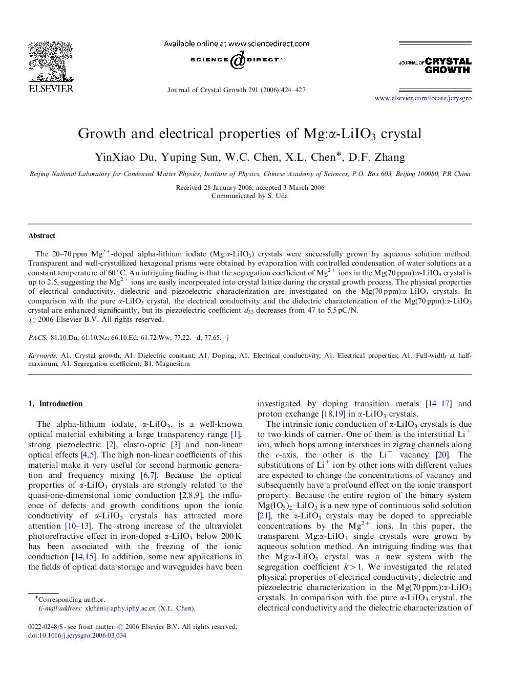 Growth and electrical properties of Mg:Î±-LiIO3 crystal