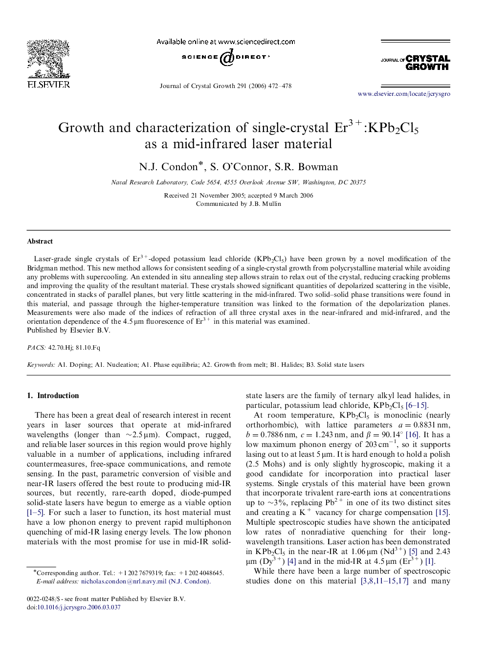 Growth and characterization of single-crystal Er3+:KPb2Cl5 as a mid-infrared laser material