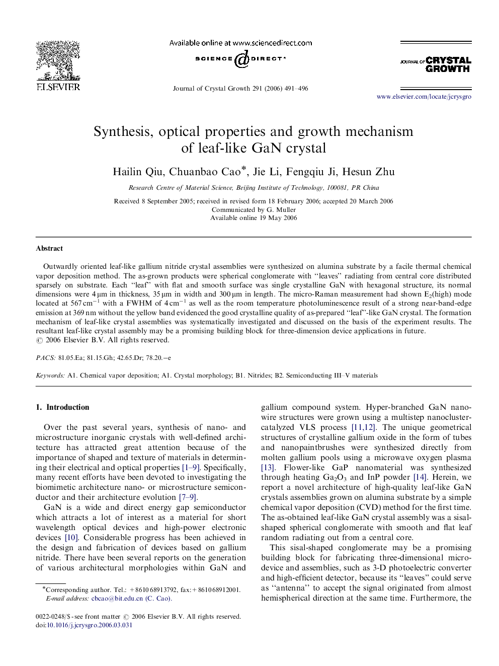 Synthesis, optical properties and growth mechanism of leaf-like GaN crystal