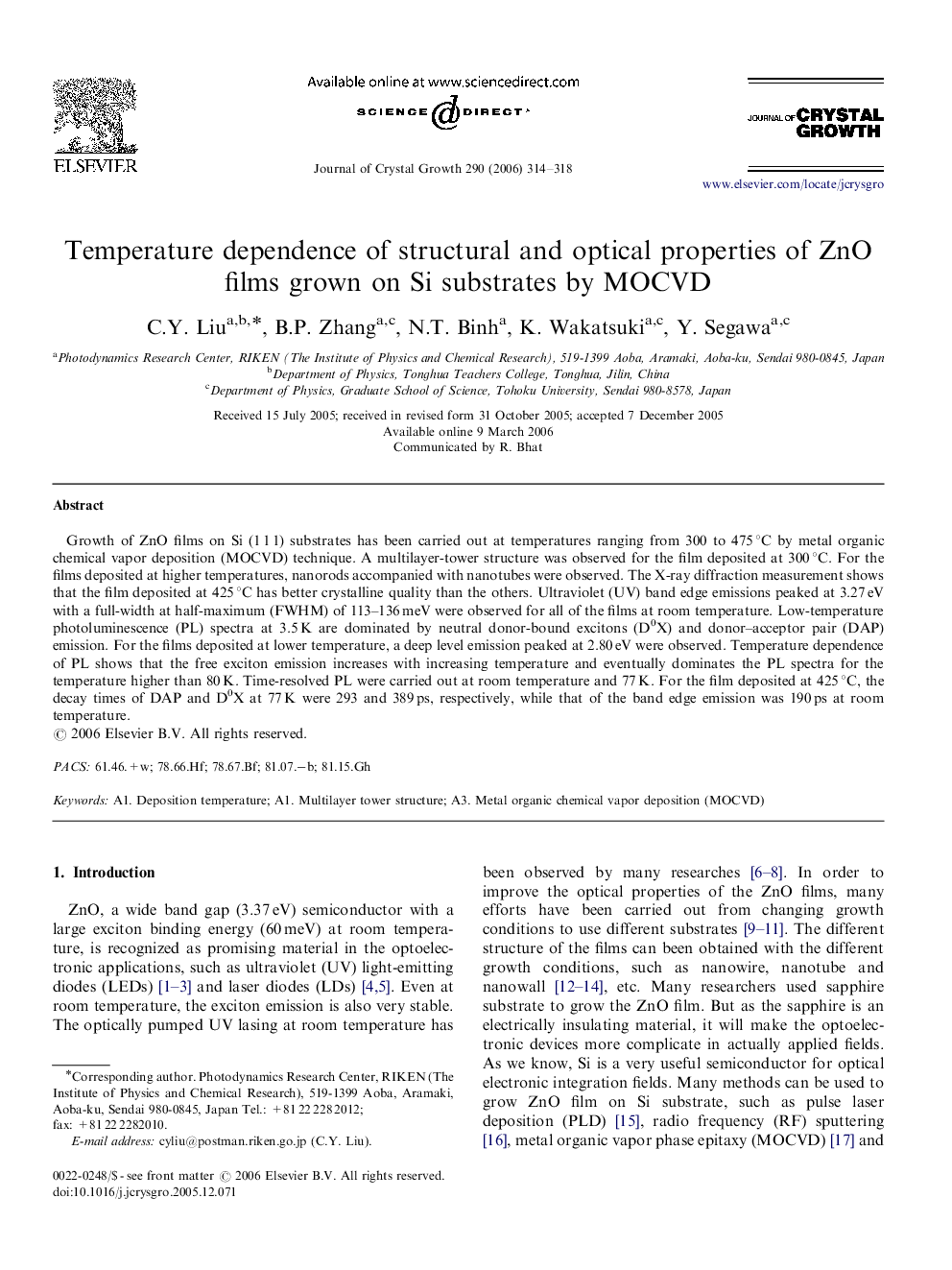 Temperature dependence of structural and optical properties of ZnO films grown on Si substrates by MOCVD