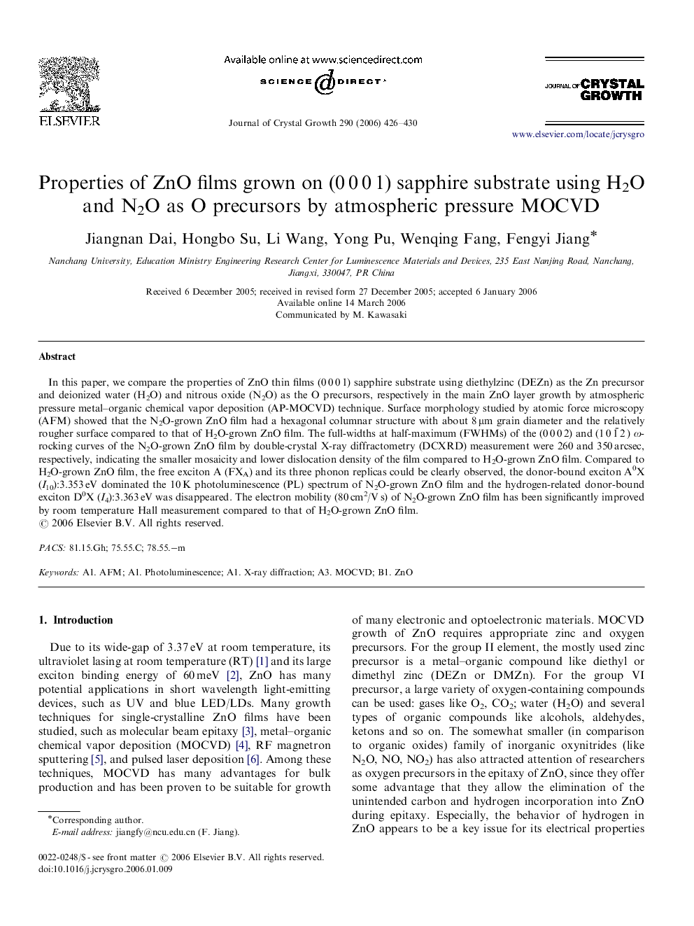 Properties of ZnO films grown on (0 0 0 1) sapphire substrate using H2O and N2O as O precursors by atmospheric pressure MOCVD