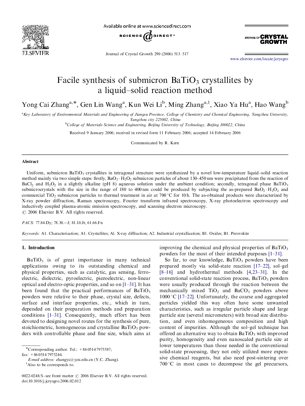 Facile synthesis of submicron BaTiO3 crystallites by a liquid–solid reaction method