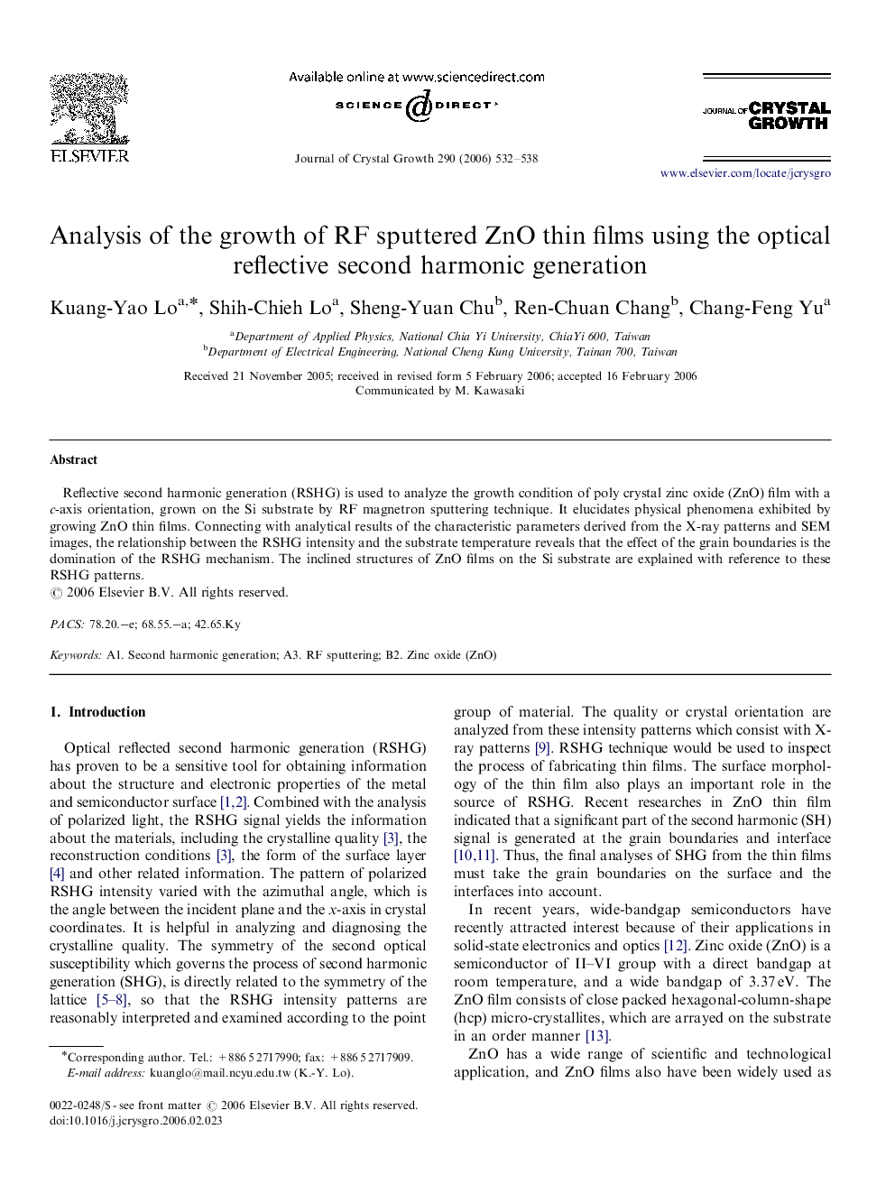 Analysis of the growth of RF sputtered ZnO thin films using the optical reflective second harmonic generation