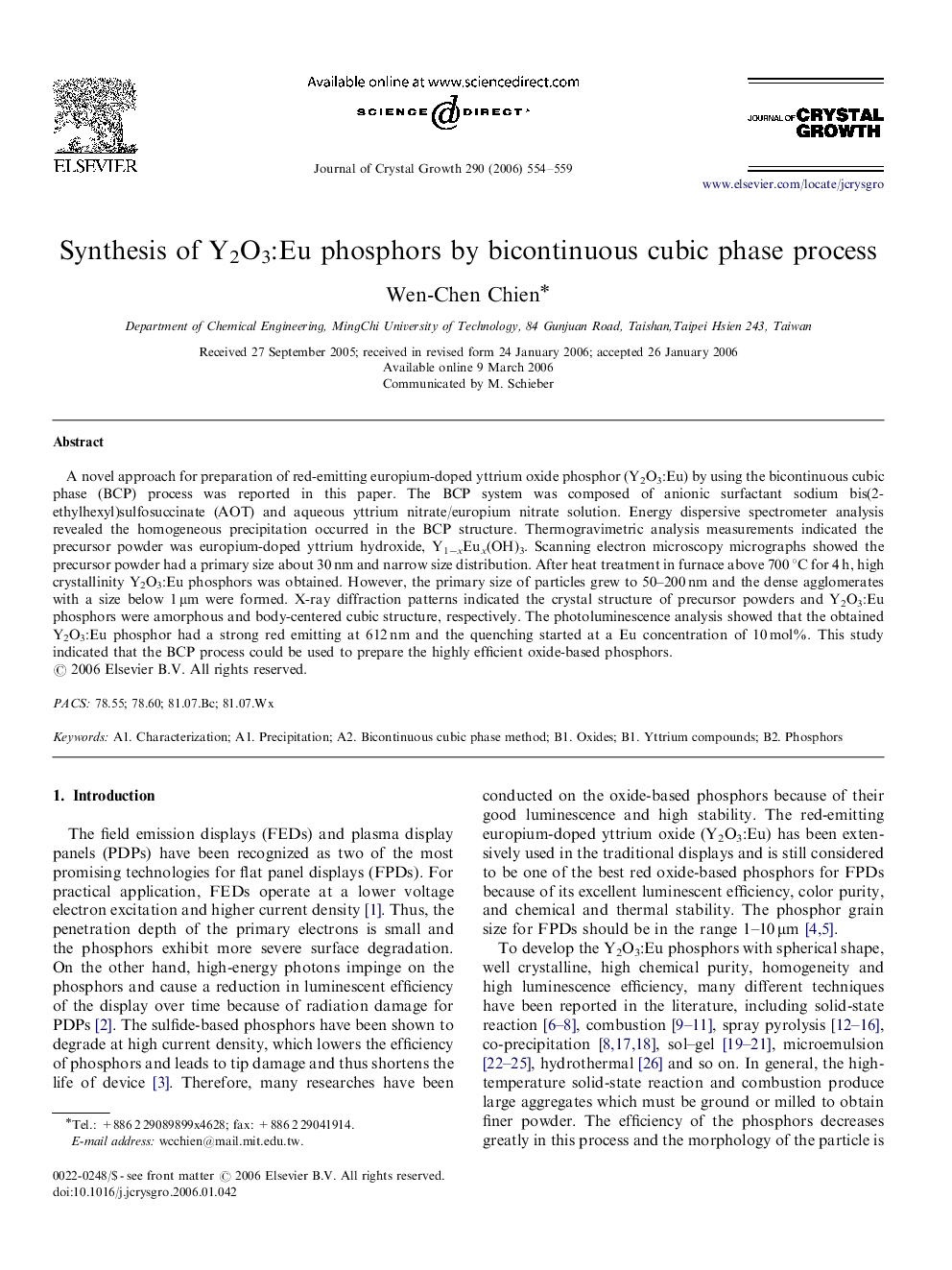 Synthesis of Y2O3:Eu phosphors by bicontinuous cubic phase process