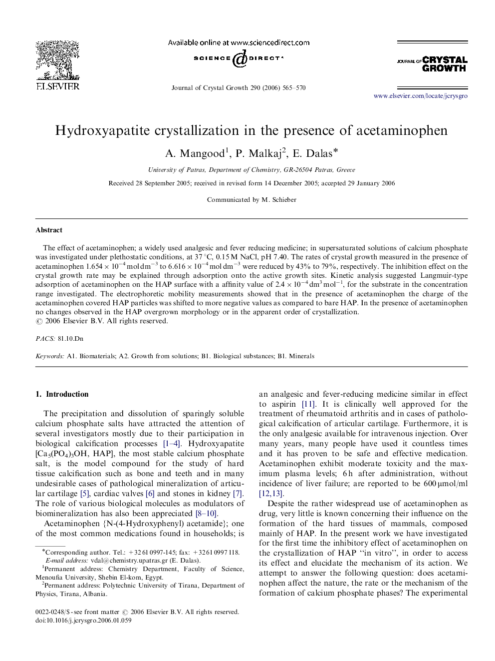 Hydroxyapatite crystallization in the presence of acetaminophen