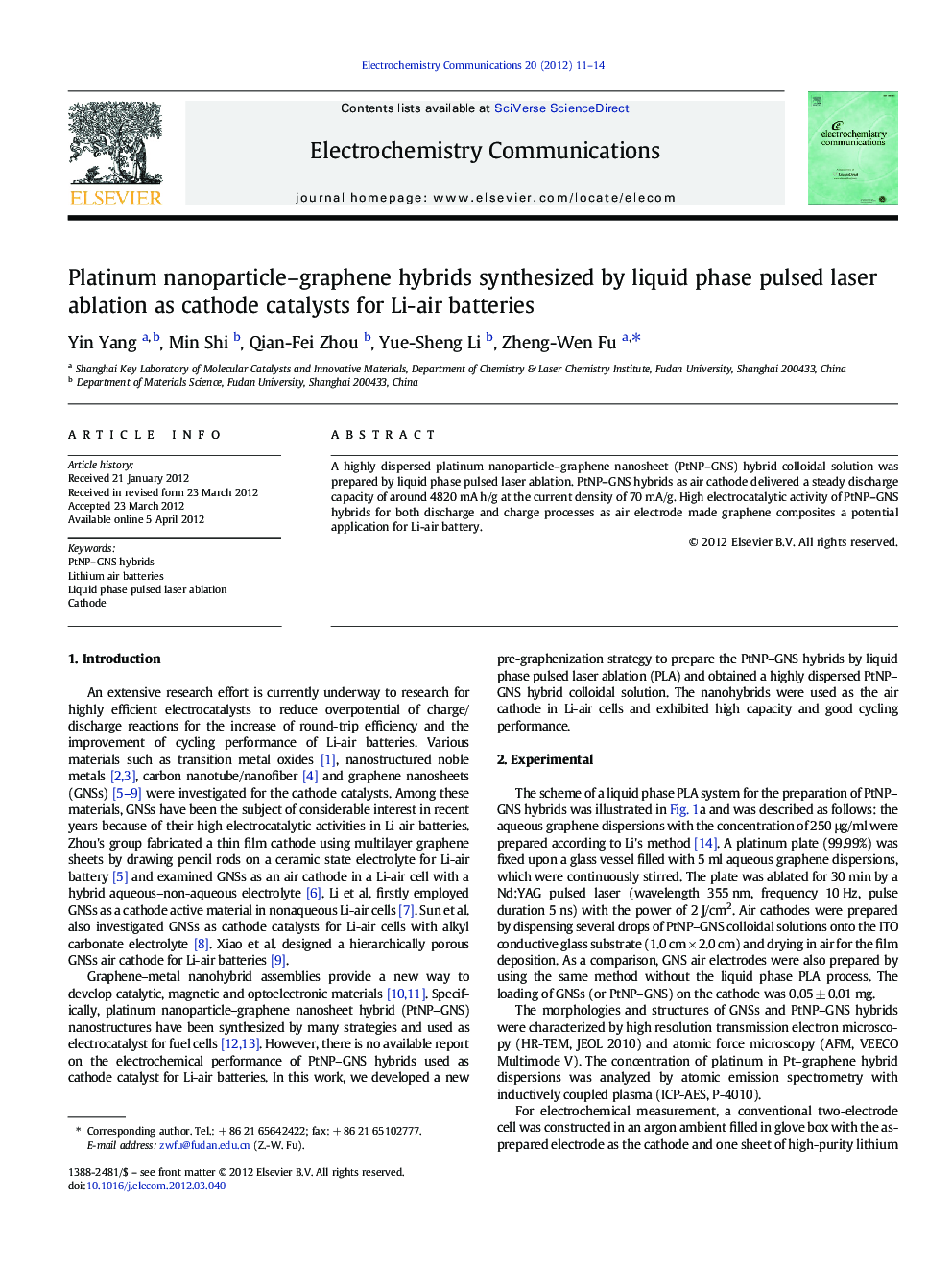 Platinum nanoparticle–graphene hybrids synthesized by liquid phase pulsed laser ablation as cathode catalysts for Li-air batteries