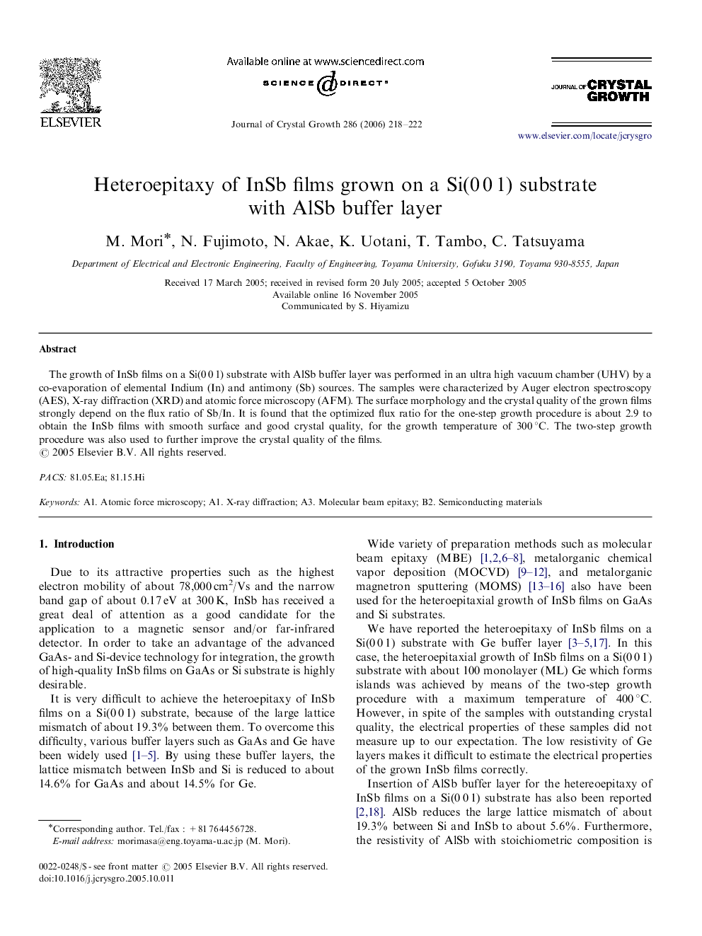 Heteroepitaxy of InSb films grown on a Si(0Â 0Â 1) substrate with AlSb buffer layer