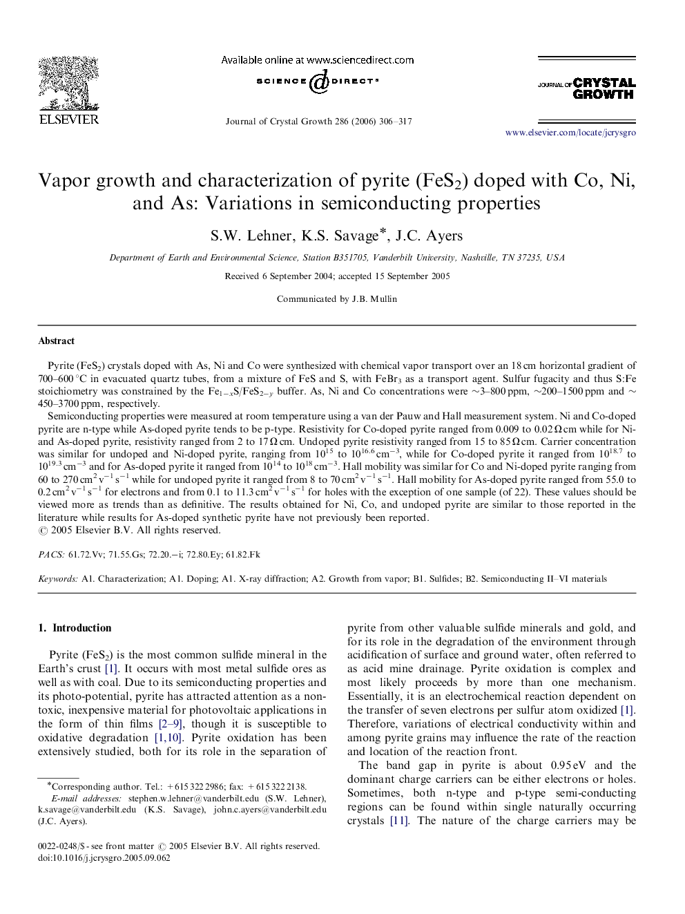 Vapor growth and characterization of pyrite (FeS2) doped with Co, Ni, and As: Variations in semiconducting properties