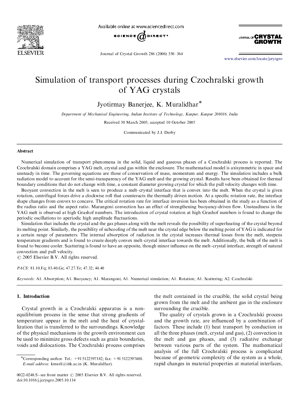 Simulation of transport processes during Czochralski growth of YAG crystals