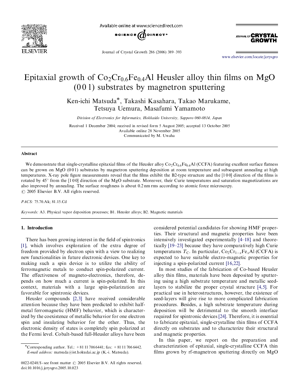 Epitaxial growth of Co2Cr0.6Fe0.4AlCo2Cr0.6Fe0.4Al Heusler alloy thin films on MgO (0 0 1) substrates by magnetron sputtering