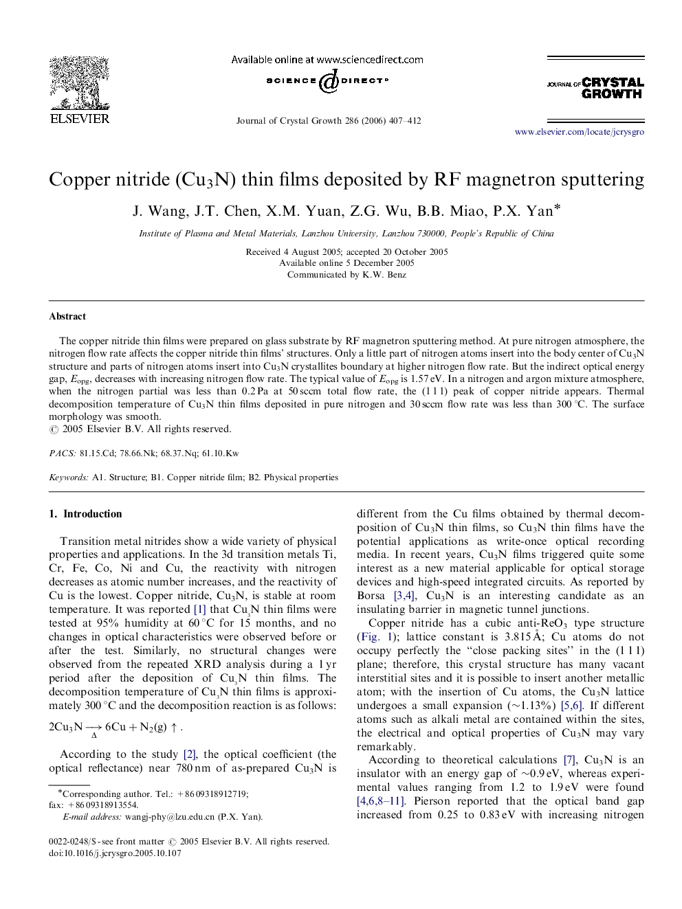 Copper nitride (Cu3N) thin films deposited by RF magnetron sputtering