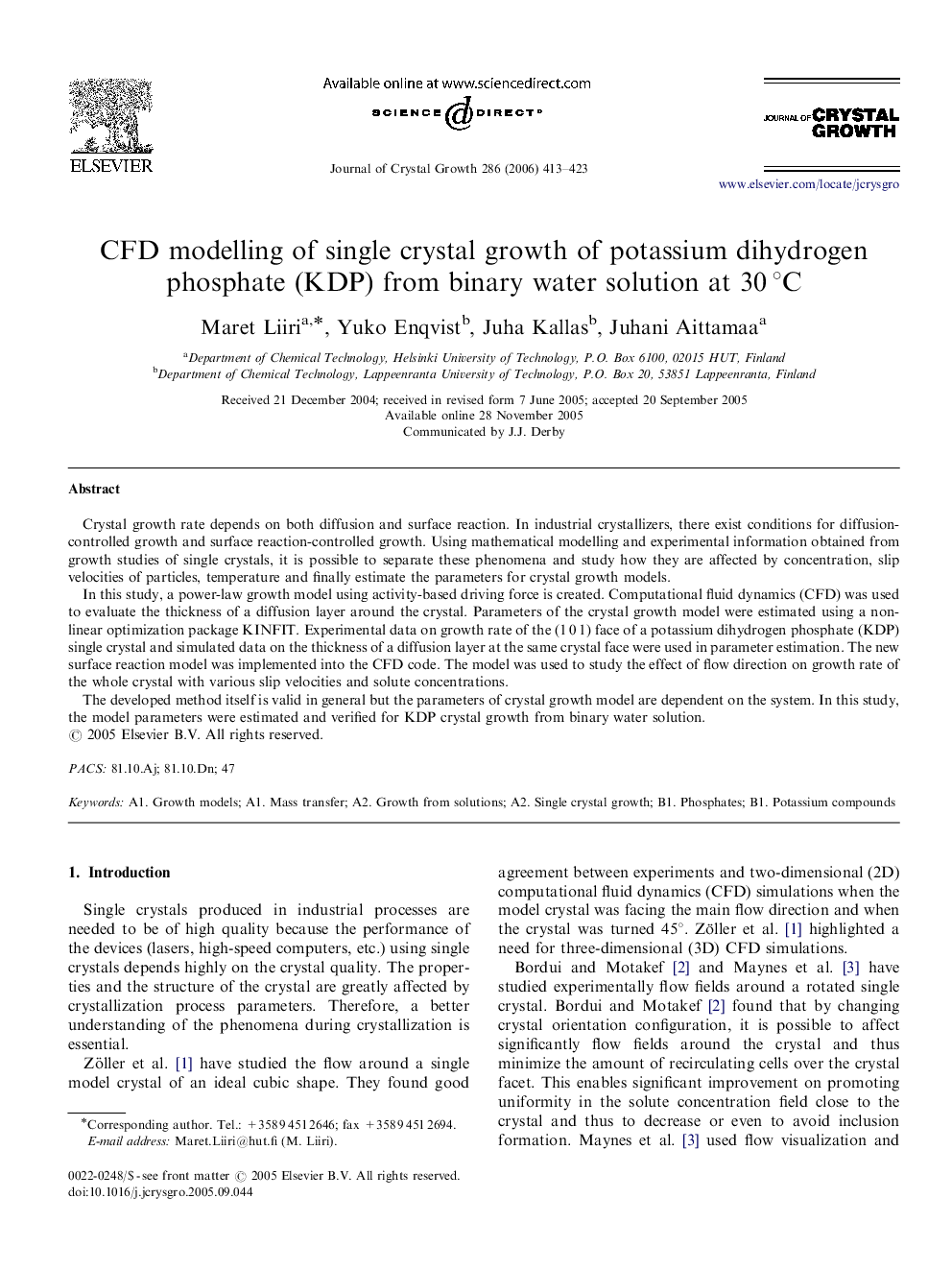 CFD modelling of single crystal growth of potassium dihydrogen phosphate (KDP) from binary water solution at 30 °C