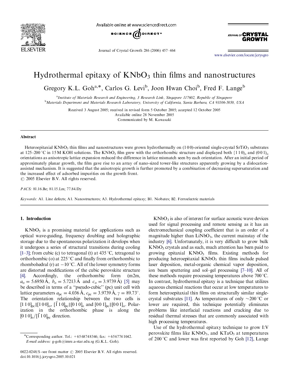 Hydrothermal epitaxy of KNbO3 thin films and nanostructures