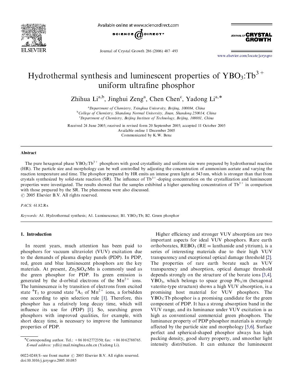 Hydrothermal synthesis and luminescent properties of YBO3:Tb3+ uniform ultrafine phosphor